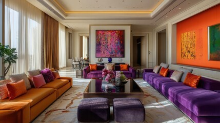 Large living room interior with coloured floral ornaments