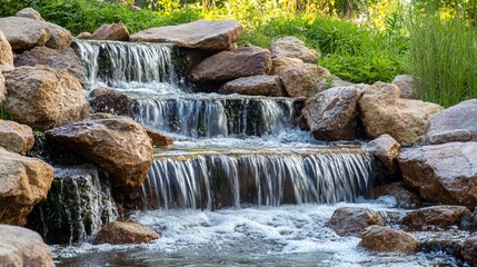 Fototapeta premium A serene cascade of water flows over rocky steps in a peaceful setting