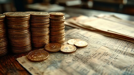 Stacks of vintage coins on aged documents, showcasing history and value in a cozy setting