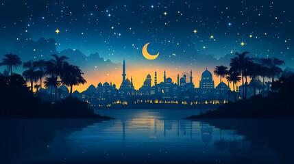 Fototapeta premium Nighttime Cityscape Serene Moonlight Palm Trees