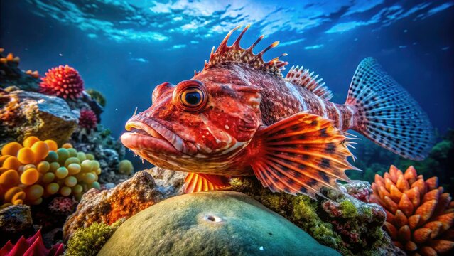 Urban Exploration Photography of the Red Scorpionfish: Bigscale Scorpionfish in a Unique Underwater Habitat with Vibrant Colors and Intricate Details for Nature Lovers and Marine Enthusiasts