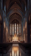 Tranquil church interior with stained glass