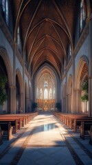 Fototapeta premium Sunlit cathedral nave, serene and grand.