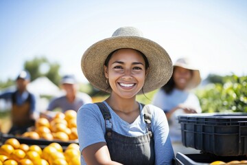 A smiling woman in a straw hat stands in an orange orchard, surrounded by workers gathering fruit under clear skies