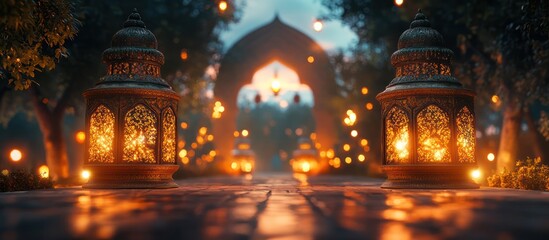 Fototapeta premium Lit lanterns garden archway night