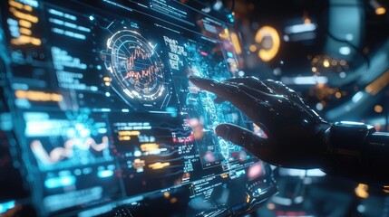 Obraz premium Robotic Hand Interacting with Futuristic Interface