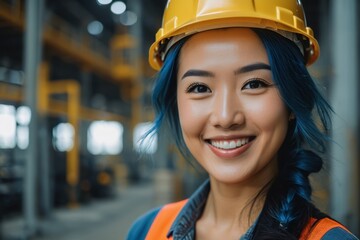 Happy Woman Standing Proudly in Hard Hat in Factory 