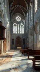 Fototapeta premium Sunlit church interior with stained glass