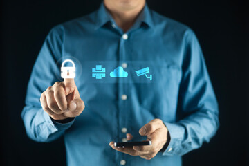 Cyber security ,Data protection privacy, firewall security concept.Businessman show protecting data personal information with virtual screen interface on internet technology networking connection