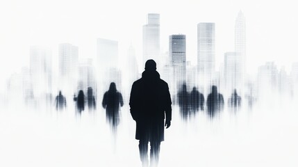 Fototapeta premium A man walks through a blurred city landscape, a solitary figure amidst the urban crowd. Black and white monochrome tones emphasize the solitude.