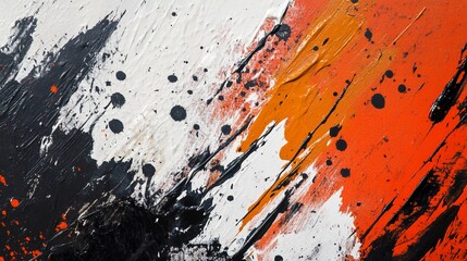 Abstract Painting with Bold Black, White, and Orange Strokes and Splatters