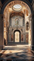 Fototapeta premium Sunlit church hall with ornate details