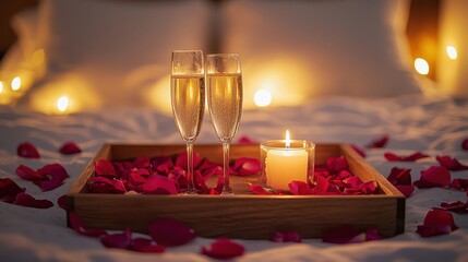 Champagne Flutes and Rose Petals on Bed Tray
