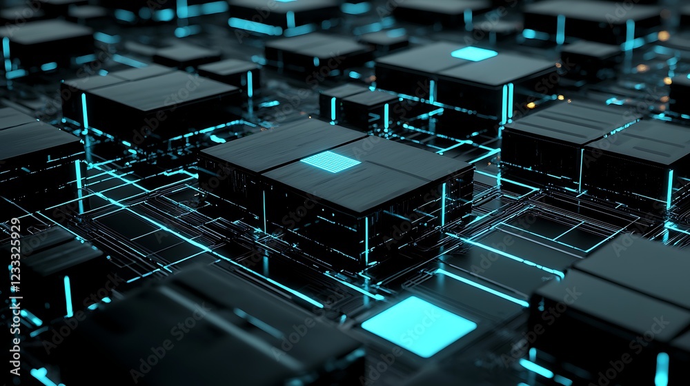 Poster abstract 3d rendering of interconnected black cubes with glowing cyan circuitry
