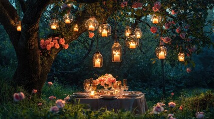Outdoor Dining by Lantern-Filled Tree