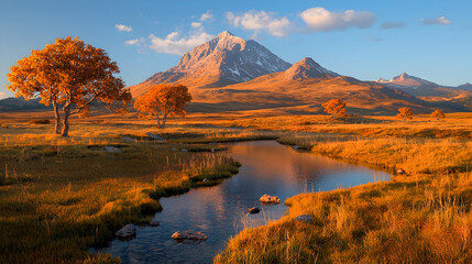 Obraz premium Autumnal mountain landscape, serene stream, golden hour
