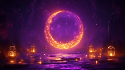 Enchanting Fantasy Landscape with Glowing Moon and Lanterns