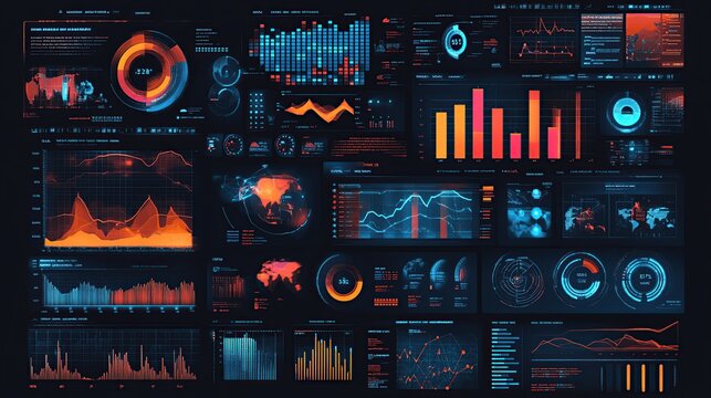 Global data analysis screen displays financial market trends, futuristic interface background, for business presentations
