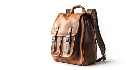 Fototapeta premium Leather brown school backpack isolated on white background. Back-to-school concept