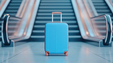 Blue Suitcase on Moving Escalator in Modern Setting