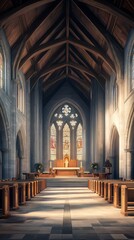 Obraz premium Tranquil cathedral interior, sunlit.