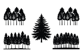 Fototapeta premium Fir trees silhouettes. Coniferous spruce horizontal background patterns, Beautiful hand drawn panorama with treetops forest.