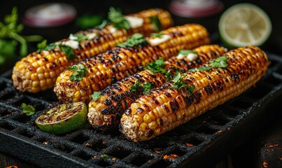 Grilled corn on the cob garnished with herbs and lime, served on a barbecue grill.