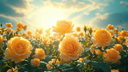field of yellow roses blooms under bright sky, radiating warmth and beauty. sun casts golden glow, enhancing vibrant colors of flowers