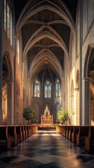 Obraz premium Sunlit cathedral nave and altar
