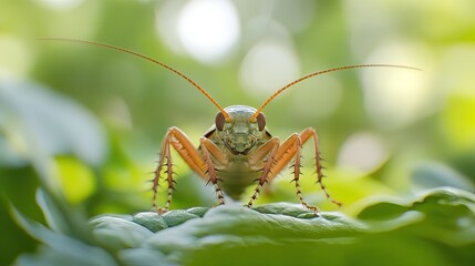 Close up of a green grasshopper with orange legs and long antennas on a green leaf in nature