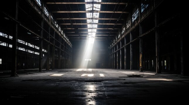Brilliant rays of light shining in an abandoned industrial facility 