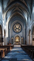 Fototapeta premium Grand cathedral interior, sunlight streams in.