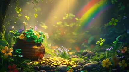Leprechauns bounty, Pot of gold, rainbow backdrop a magical St. Patricks Day illustration, blending whimsy with the vibrant spirit of the holiday.