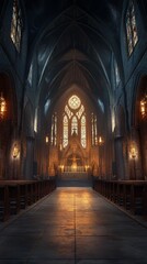 Tranquil church interior bathed in light