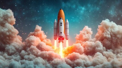 Fiery Rocket Ascending Through Clouds