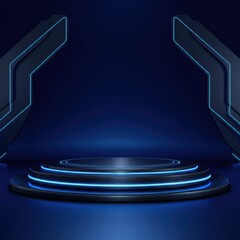 A futuristic podium with a glossy blue finish, showcasing an engine lubricant product, illuminated by soft blue LED lights .
