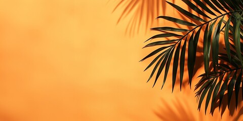 Tropical Palm Leaves and Shadows on Vibrant Orange Background Summer Minimalist Design