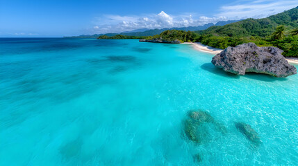 Fototapeta premium Tropical beach, turquoise water, coastal mountains, sunny day, travel postcard