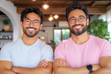 Fototapeta premium Two smiling Asian men stand with their arms crossed, showcasing confidence and a positive attitude in a modern setting.