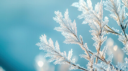 Obraz premium Winter's Embrace: Delicate frost-covered branches, like icy lace, stand out against a soft, blue wintery backdrop.