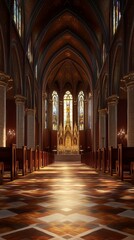 Obraz premium Sunlit church nave interior