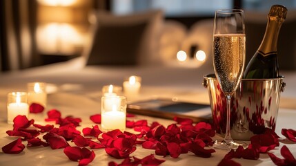 Champagne Bucket and Rose Petals in Plush Setting