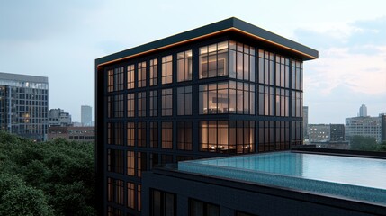 Fototapeta premium Modern Urban Building with Infinity Pool at Dusk
