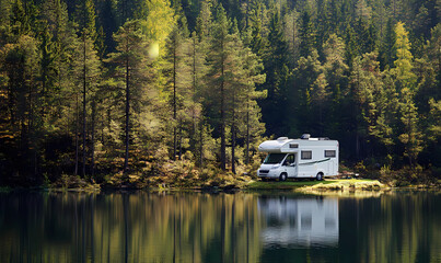 Fototapeta premium RV camping by a lake, isolated in a peaceful forest, offering ultimate tranquility