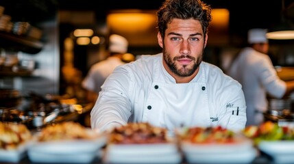 A young, handsome male chef in a pristine white uniform looks directly at the camera, conveying a sense of professionalism and passion for his craft.