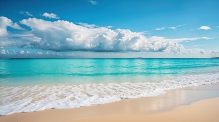 Cobalt sea softly laps at a sandy shore beneath a tranquil cloud-filled sky 