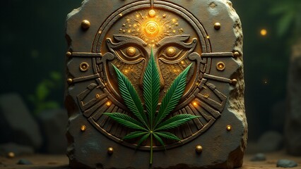 Fototapeta premium Ancient hieroglyph depicting a god, with a cannabis leaf at its center, surrounded by cosmic symbols, celestial creatures, and divine light, emanating sacred energy.