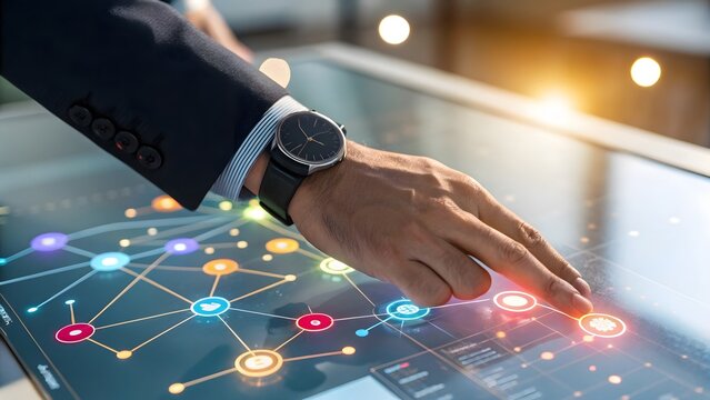 Businessman Using Touchscreen Technology for Data Analysis and Planning