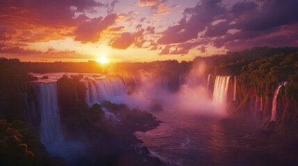 Iguazu Falls sunset, vibrant sky, rainforest backdrop, travel brochure