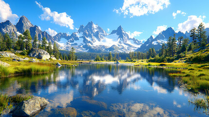 Fototapeta premium Mountain lake reflection, sunny day, calm waters, scenic landscape, travel poster